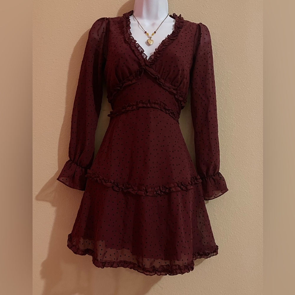 Maroon and Black Polka Dot Cocktail
Dress with Ruffle V-neckline